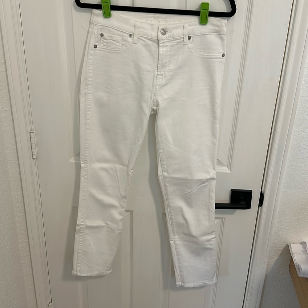 7 For All Mankind Roxanne Mid Rise Raw Hem Ankle Skinny Jeans in White